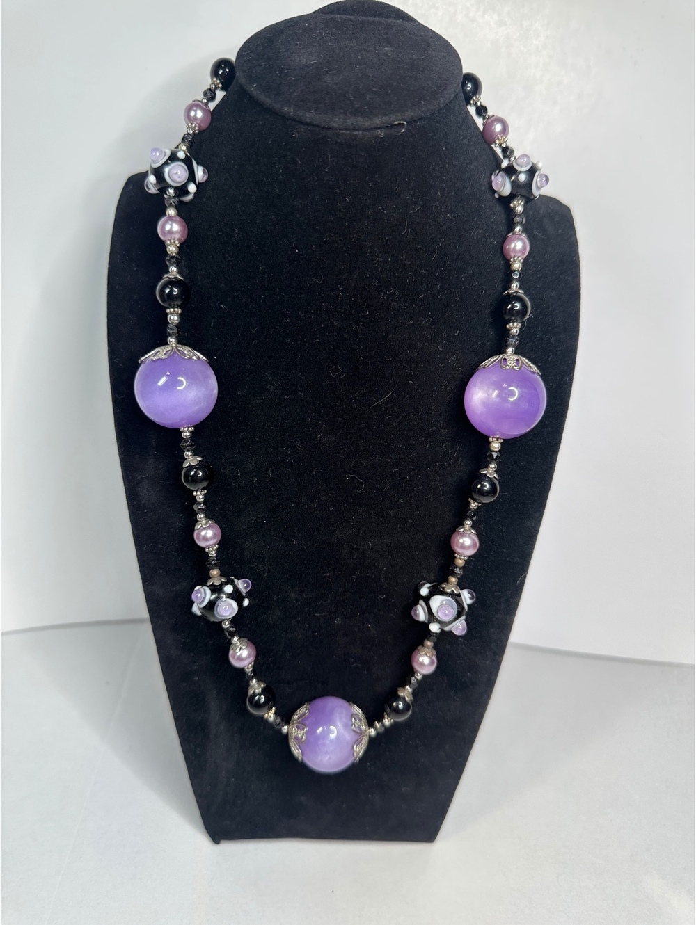 Handmade Beaded Glass Lampwork Purple Black Necklace Artisan Art To Wear 22”